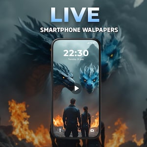 May include: A smartphone displays a fantasy wallpaper featuring two blue dragons with glowing eyes. The phone's screen shows a couple looking at the dragons. The word "LIVE" and "SMARTPHONE WALLPAPERS" are displayed at the top of the image.