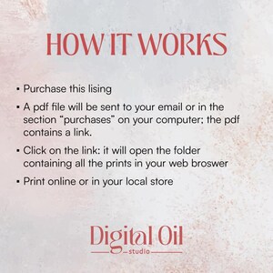 Op de afbeelding: Een digitale illustratie met de tekst "HOW IT WORKS" en een lijst met instructies over het kopen en downloaden van digitale prints. De tekst bevat ook de zin "Digital Oil - studio".