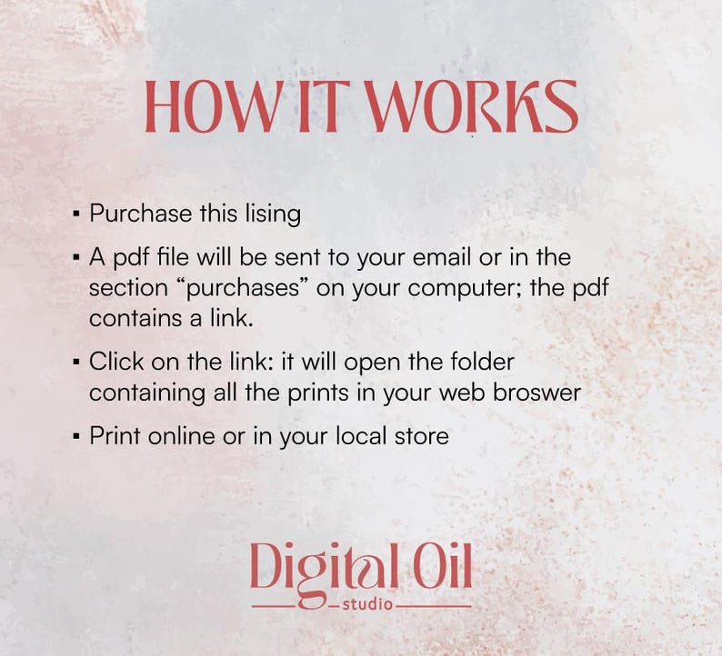 Op de afbeelding: Een digitale illustratie met de tekst "HOW IT WORKS" en een lijst met instructies over het kopen en downloaden van digitale prints. De tekst bevat ook de zin "Digital Oil - studio".