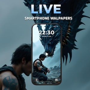 Peut inclure: Écran de smartphone affichant un fond d'écran de dragon fantastique avec un homme agenouillé. L'écran du téléphone affiche l'heure 22h30 et la date mardi 31 juillet. Les mots "LIVE" et "SMARTPHONE WALLPAPERS" sont affichés au-dessus du téléphone.