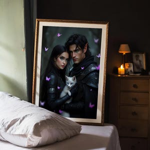 May include: A framed fantasy art print featuring a couple with a white fox. The man has dark hair and is wearing a black leather jacket. The woman has long dark hair and is wearing a black leather jacket. The background is a dark forest with purple butterflies.