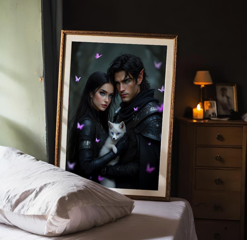 May include: A framed fantasy art print featuring a couple with a white fox. The man has dark hair and is wearing a black leather jacket. The woman has long dark hair and is wearing a black leather jacket. The background is a dark forest with purple butterflies.