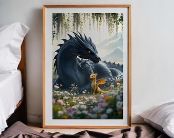 May include: A large, dark blue dragon with yellow eyes sits in a field of flowers with a smaller, yellow dragon beside it. The larger dragon has its head turned to look at the smaller dragon.