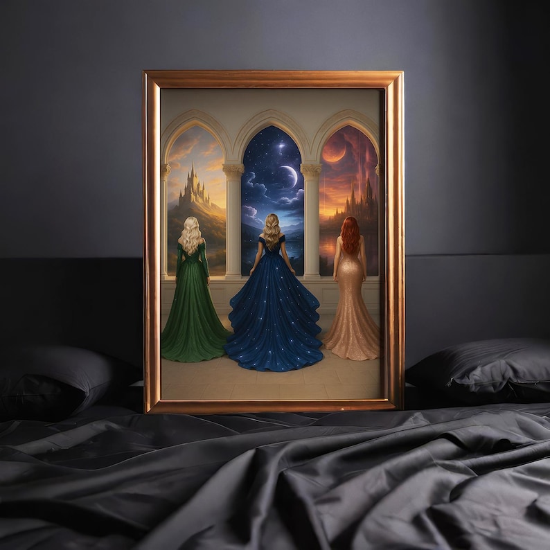 May include: Three women in long gowns stand in front of three arched doorways. Each doorway has a different scene behind it: a castle, a starry night sky, and a sunset. The woman in the middle is wearing a blue gown with stars, the woman on the left is wearing a green gown, and the woman on the right is wearing a gold gown.