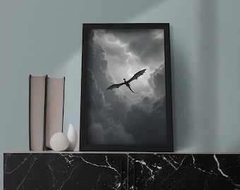 Onix Storm - Draak die door een storm vliegt, met bliksem. Poster. Fourth Wing Rebecca Yarros - Muurdecoratie - Boekenliefhebber - Iron Flame