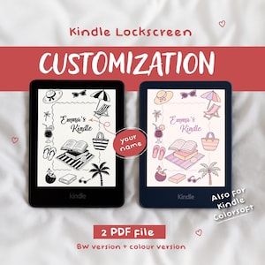 May include: Two Kindle e-readers, one black and one blue, displaying a beach-themed lockscreen with the text "Emma's Kindle". The image includes illustrations of a beach bag, sunglasses, and a beach chair. The text "CUSTOMIZATION" is at the top.