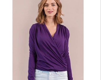 Womens Bamboo Cotton Wrap Top, Cowl Neck Long Sleeve Blouse