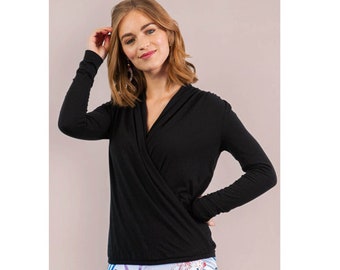 Top nero in bambù con scollo a scialle, in cotone biologico, stile athleisure