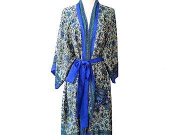 Floral Silky Kimono, Floral Robe, Lightweight Dressing Robe, Blue Green Floral Robe, Gardeners Gift, Luxury Girlfriend, New Mom, Modern Boho