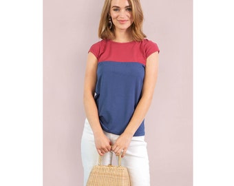 Casual Organic Cotton Tshirt, Modern Bamboo Clothing, Eco Friendly Tshirt, ColorBlock Blouse, Button Up Back Tshirt, Organic Womens Clothing