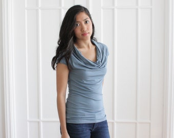 Light Blue Cowl Neck, Womens Cowl Neck Tshirt, Cowl Neck Blouse, Organic Tshirt, Organic Cotton Womens Top, Bamboo Cowl Neck, Eco Top - SARA