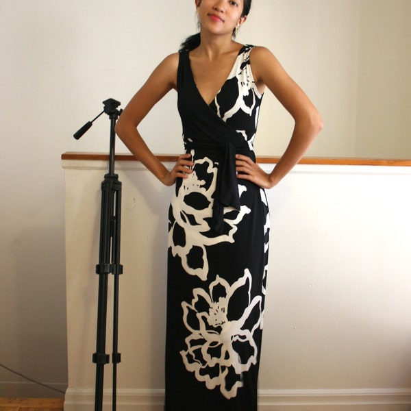 Long Wrap Dress in Geometric Floral Bold Black and White Floor Length, Size LARGE, Sample SALE  - ASHLEY