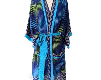 Accappatoio blu-verde, accappatoio setoso, accappatoio leggero, vestaglia boho, vestaglia, fulmine, moderno, accappatoio a tunica colorato, vibrante