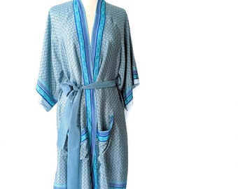 CLEARANCE Blue Kimono, Pastel Kimono, Feather Robe, Blue Robe, Dressing Robe, Convertible Wrap Top, Boho Top, Silky Luxury Robe, Sale