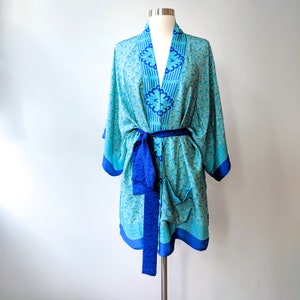 Silky Kimono, Blue Kimono Robe, Batwing Kimono, Womens Duster Robe, Festival Wrap, Bohemian Wrap Robe, Geometric Floral Robe, Belted Robe image 2