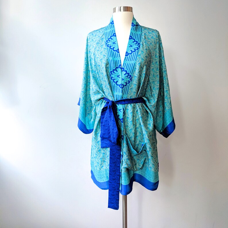 Silky Kimono, Blue Kimono Robe, Batwing Kimono, Womens Duster Robe, Festival Wrap, Bohemian Wrap Robe, Geometric Floral Robe, Belted Robe image 2