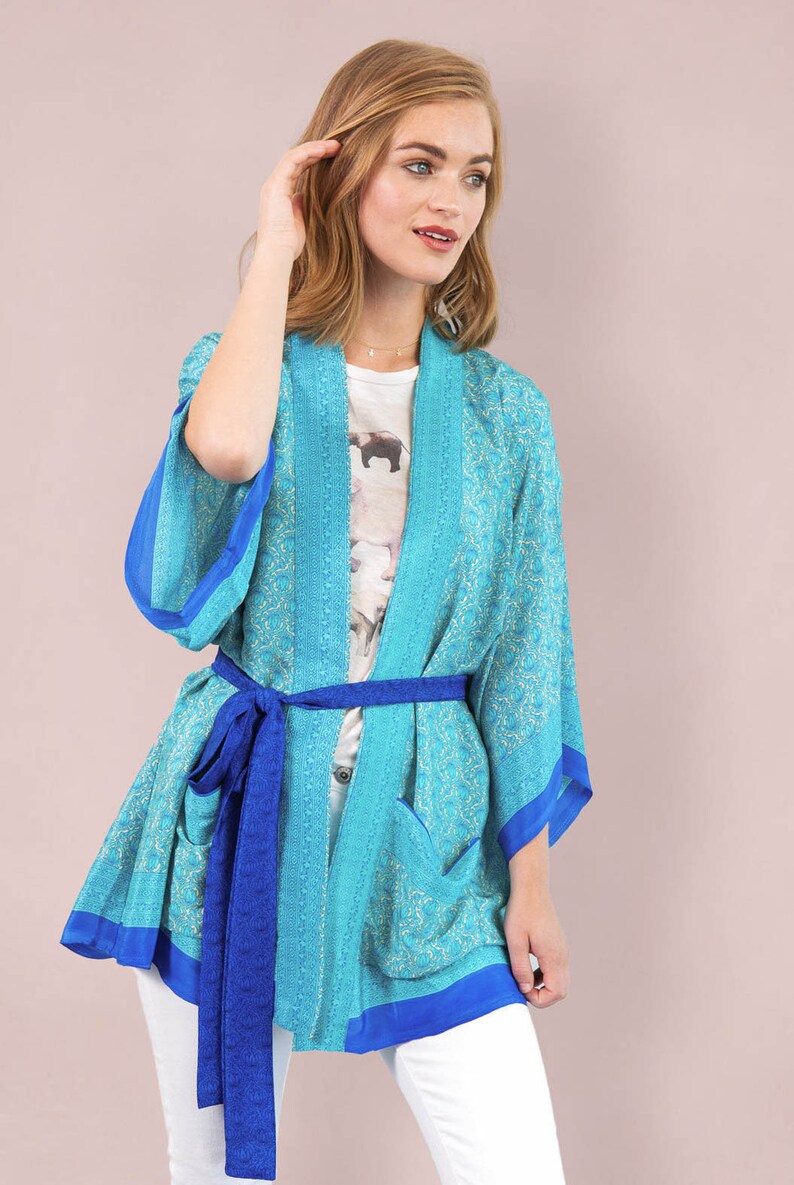 Silky Kimono, Blue Kimono Robe, Batwing Kimono, Womens Duster Robe, Festival Wrap, Bohemian Wrap Robe, Geometric Floral Robe, Belted Robe image 1