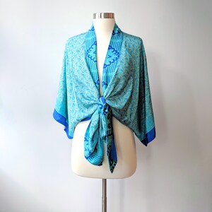 Silky Kimono, Blue Kimono Robe, Batwing Kimono, Womens Duster Robe, Festival Wrap, Bohemian Wrap Robe, Geometric Floral Robe, Belted Robe image 3