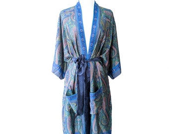 Paisley Blue Kimono, Convertible Wrap Top, Silky Luxury Robe, Dressing Robe, Boho Duster, Pastel Robe, Colorful Robe, Resort Wear, Easy Care