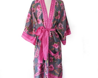 Polka Dot Robe, Pink Navy Robe, Dressing Robe, Silky Robe, Boho Wrap Top, Floral Pink Robe, Blue Bridesmaids Robe, Satin Robe, Romantic Top