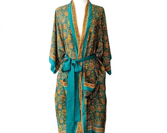 Kimono verde, bata tropical, bata de playa, chaqueta de verano, bata verde, plumero floral, bata de baño para mujer, bata fluida, bata sedosa, boho boho