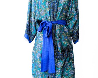 Accappatoio di lusso in seta, accappatoio floreale, top a portafoglio boho, abito lungo boho, accappatoio leggero e sexy, accappatoio floreale blu petrolio, regalo per la fidanzata