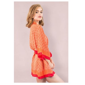 Silky Kimono, Orange Kimono Robe, Batwing Kimono, Womens Duster Robe, Festival Wrap, Bohemian Wrap Robe, Geometric Floral Robe, Belted Robe