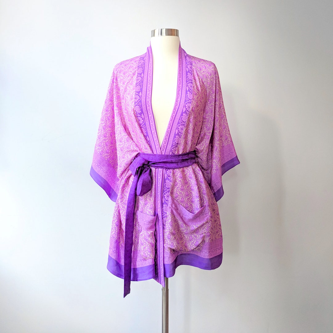 Purple Kimono Robe, Kimono Wrap Top, Bohemian Wrap Blouse, Lightweight