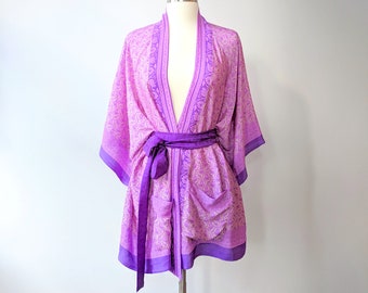 Purple Kimono Robe, Kimono Wrap Top, Bohemian Wrap Blouse, Lightweight Summer Coverup, Kimono Jacket, Geometric Robe, Romantic Draped Top