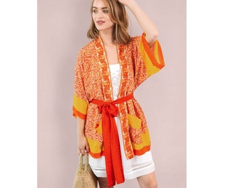 Orange Robe, Luxurious Duster, Romantic Nightgown Robe, Faux Silk Robe, Festival Wrap Top, Convertible Robe, Belted, Boho Hippie Top, Summer