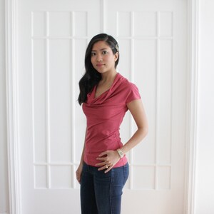Organic Bamboo Cowl Neck Tshirt, Eco Friendly Womens Cowl Neck Blouse, Earth Red Cowl Neck, Neutral Coral Cowl Neck, Drapey Top, Chic - SARA