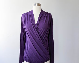 Yoga Wrap Top, Long Sleeve Wrap Top, Organic Cotton Tshirt, Bamboo Jersey Top, Draped Long Sleeve Tee, Purple Vneck, Nursing & Athleisure