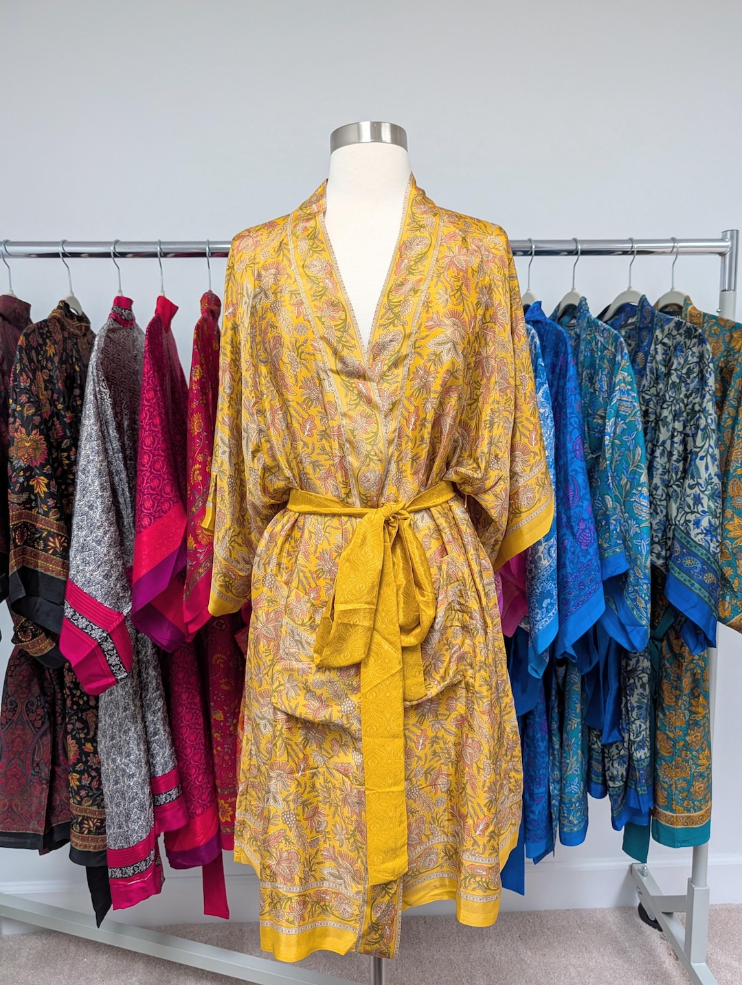 Colourful Robe Yellow Floral Robe, Romantic Satin Dressing Robe, Bridesmaids Robes ...