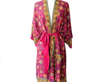 Kimono lungo rosa acceso, Kimono floreale rosa, Vestaglia floreale, Vestaglia di seta, Kimono spolverino, Vestaglia con cintura, Giacca estiva, Vestaglia boho, Vestaglia boho