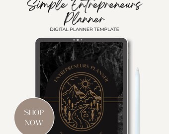 Op de afbeelding: Een digitale plantemplates weergegeven op een tablet. De omslag van de planner heeft een zwart en goud ontwerp met de woorden "Entrepreneurs Planner" en een landschapsillustratie. De afbeelding bevat ook de tekst "Shop Now" en "Plan Out Your Career As You Go."