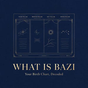 Puede incluir: Un gráfico azul oscuro con un diagrama de líneas doradas dividido en cuatro secciones verticales etiquetadas como Year Pillar, Month Pillar, Day Pillar y Hour Pillar. Debajo, el texto dice WHAT IS BAZI y Your Birth Chart, Decoded.
