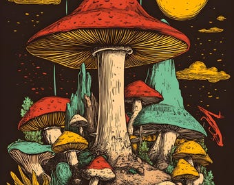 Retro Psychedelic Mushroom Print – Digital Download | Trippy Fungi Wall Art | Colorful 70s Groovy Decor | Boho Hippie Poster