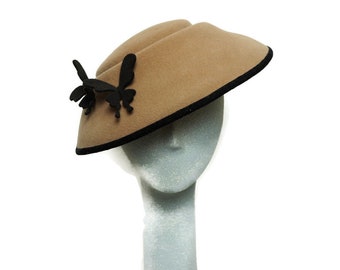 Tan Felt Hat for Women, Tan Hat with Butterflies, Saucer Hat, Mother of the Bride Hat, Wedding Hat, Church Hat, Wide Brim Hat