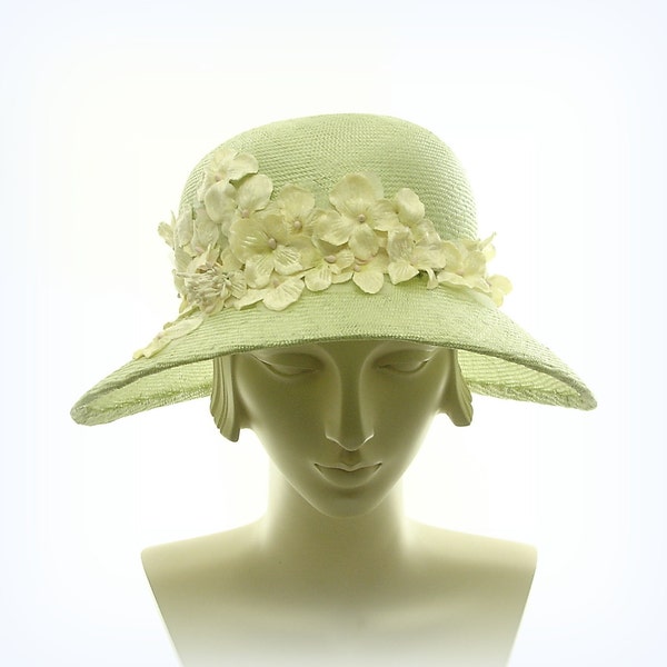 Summer Hat - Wide Brim Hat for Women - 1920s Fashion Hat - Light Green Straw Hat - Vintage Flowers
