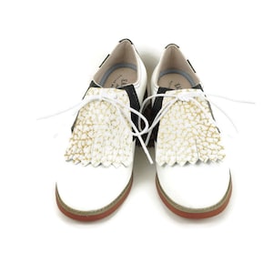 Gold on White Kilties for Golf Shoes, Leather Shoe Fringe, Swing Dance Saddle Shoes Golf Gifts, Ladies Golf Shoes, Gift for Mom