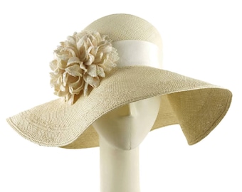 Wide Brim Straw Wedding Hat: Handmade Linen Flower Sun Hat