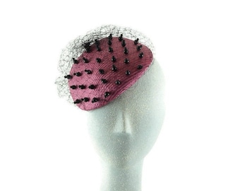 Pink Pillbox Fascinator Hat: Beaded Veil, Mother of the Bride