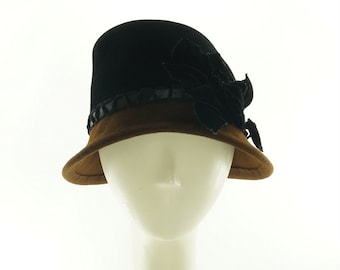 Brown Cloche Hat: Vintage Style Felt Hat with Velvet Flowers