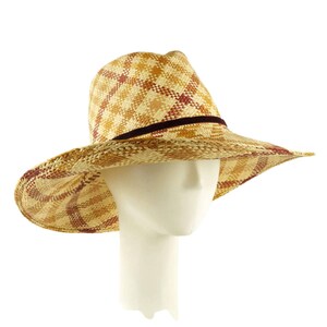 May include: A wide-brimmed straw hat with a plaid pattern in shades of brown and red. The hat has a brown ribbon band around the crown.