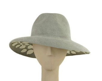 Gray Felt Fedora Hat: Handmade Wide Brim with Winter White Leaves