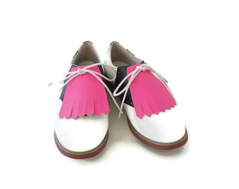 Neon Pink Leather Kilties: Women's Shoe Fringes