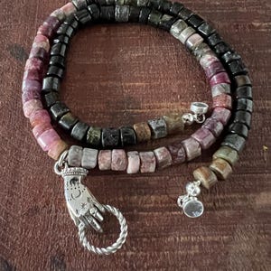 Rainbow Tourmaline Necklace with Hand Pendant in 925 Silver - AA Heishi Tourmaline Necklace - Amulet