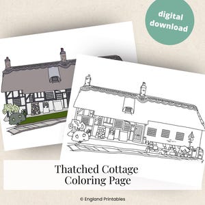 May include: A black and white line drawing of a thatched cottage with a chimney and a small garden. The image is labelled "Thatched Cottage Coloring Page" and "England Printables".