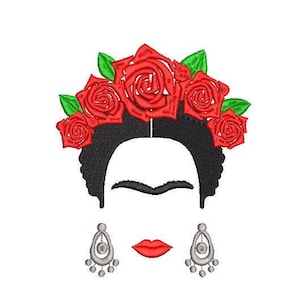 以下が含まれることがあります： 赤いバラの冠と銀のイヤリングをした女性の白黒シルエット。