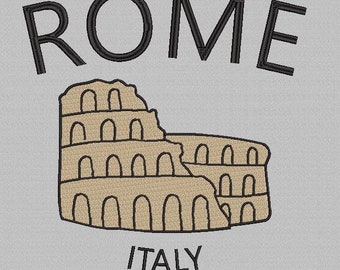 May include: A black and white illustration of the Colosseum in Rome, Italy. The text "ROME" is above the image and "ITALY" is below.